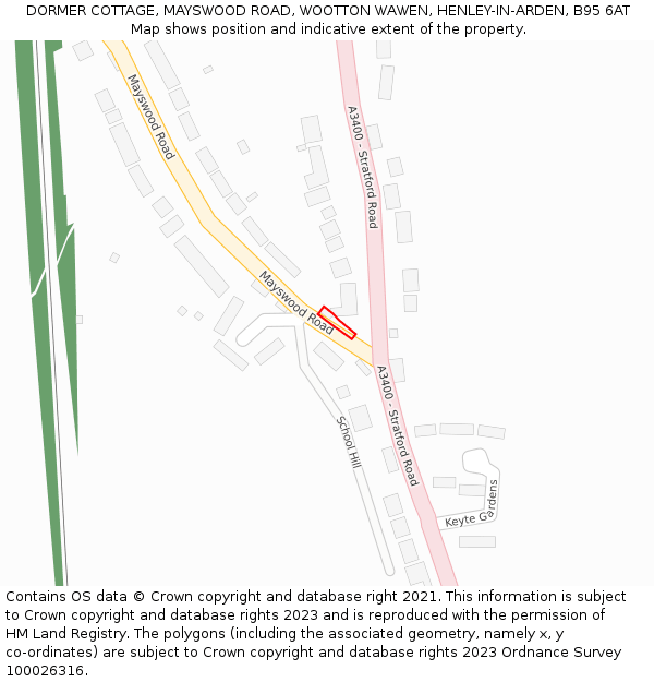 DORMER COTTAGE, MAYSWOOD ROAD, WOOTTON WAWEN, HENLEY-IN-ARDEN, B95 6AT: Location map and indicative extent of plot