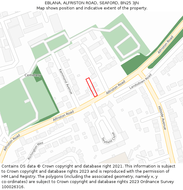 EBLANA, ALFRISTON ROAD, SEAFORD, BN25 3JN: Location map and indicative extent of plot