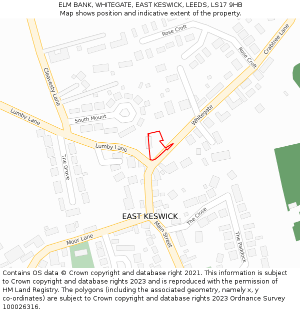 ELM BANK, WHITEGATE, EAST KESWICK, LEEDS, LS17 9HB: Location map and indicative extent of plot