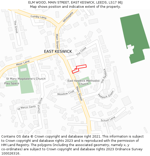 ELM WOOD, MAIN STREET, EAST KESWICK, LEEDS, LS17 9EJ: Location map and indicative extent of plot