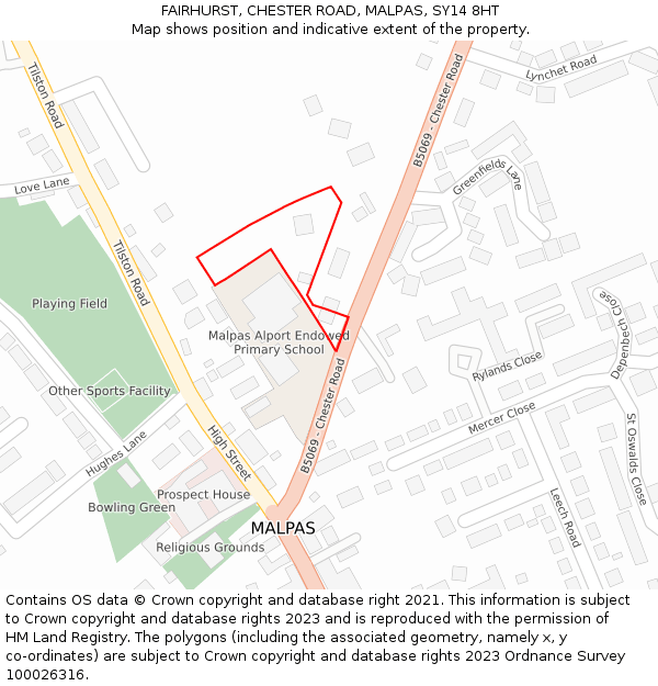 FAIRHURST, CHESTER ROAD, MALPAS, SY14 8HT: Location map and indicative extent of plot