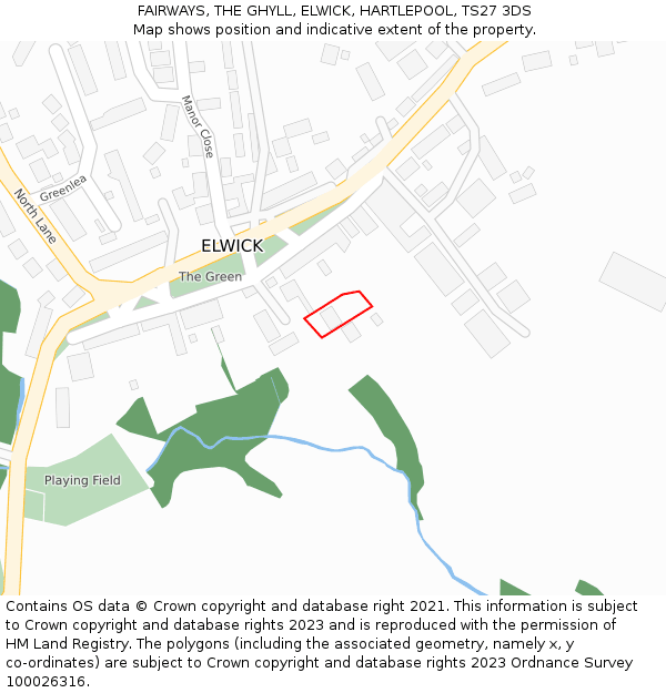 FAIRWAYS, THE GHYLL, ELWICK, HARTLEPOOL, TS27 3DS: Location map and indicative extent of plot