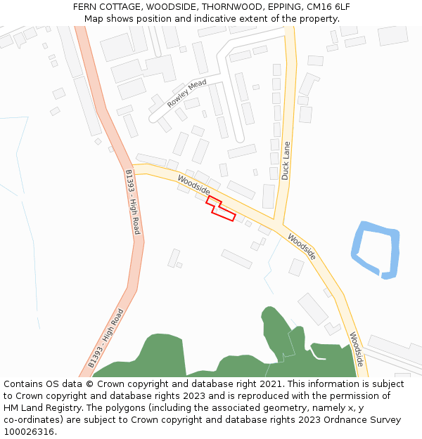 FERN COTTAGE, WOODSIDE, THORNWOOD, EPPING, CM16 6LF: Location map and indicative extent of plot