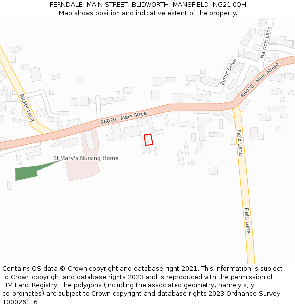FERNDALE, MAIN STREET, BLIDWORTH, MANSFIELD, NG21 0QH: Location map and indicative extent of plot
