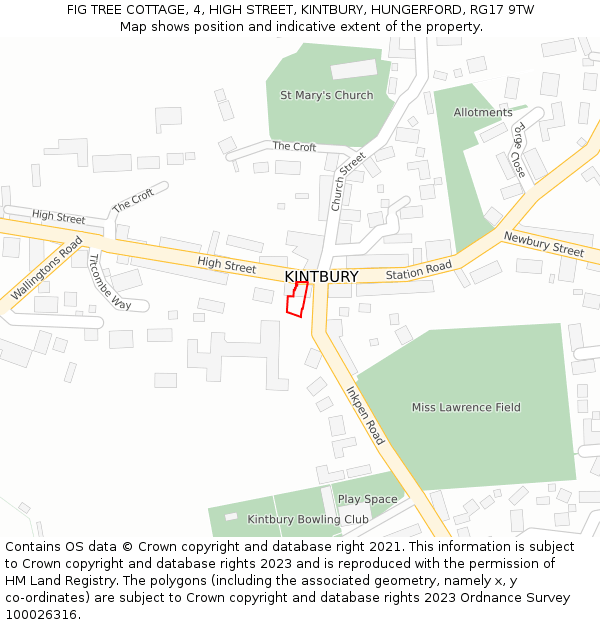 FIG TREE COTTAGE, 4, HIGH STREET, KINTBURY, HUNGERFORD, RG17 9TW: Location map and indicative extent of plot