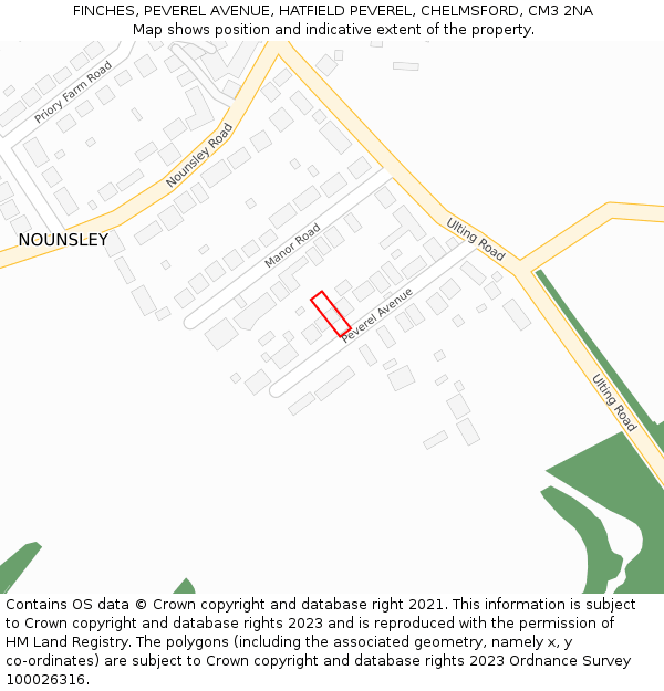 FINCHES, PEVEREL AVENUE, HATFIELD PEVEREL, CHELMSFORD, CM3 2NA: Location map and indicative extent of plot