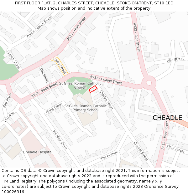 FIRST FLOOR FLAT, 2, CHARLES STREET, CHEADLE, STOKE-ON-TRENT, ST10 1ED: Location map and indicative extent of plot