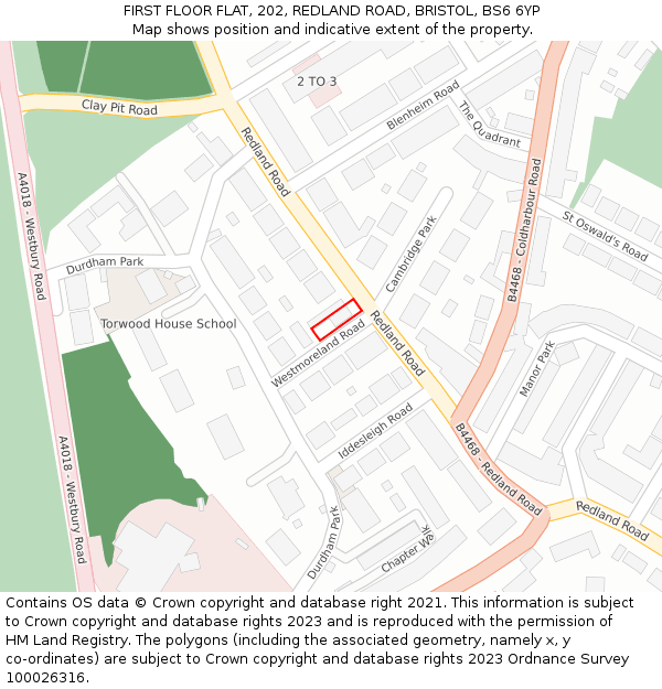 FIRST FLOOR FLAT, 202, REDLAND ROAD, BRISTOL, BS6 6YP: Location map and indicative extent of plot