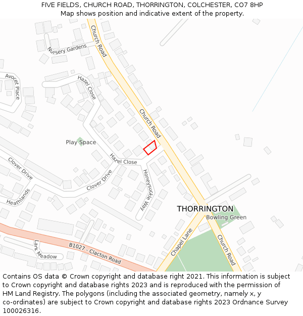 FIVE FIELDS, CHURCH ROAD, THORRINGTON, COLCHESTER, CO7 8HP: Location map and indicative extent of plot