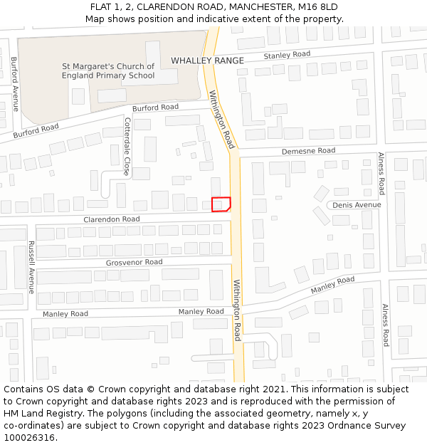FLAT 1, 2, CLARENDON ROAD, MANCHESTER, M16 8LD: Location map and indicative extent of plot