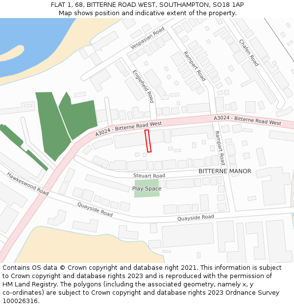 FLAT 1, 68, BITTERNE ROAD WEST, SOUTHAMPTON, SO18 1AP: Location map and indicative extent of plot