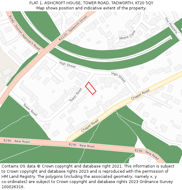 FLAT 1, ASHCROFT HOUSE, TOWER ROAD, TADWORTH, KT20 5QY: Location map and indicative extent of plot