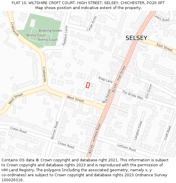FLAT 10, WILTSHIRE CROFT COURT, HIGH STREET, SELSEY, CHICHESTER, PO20 0PT: Location map and indicative extent of plot