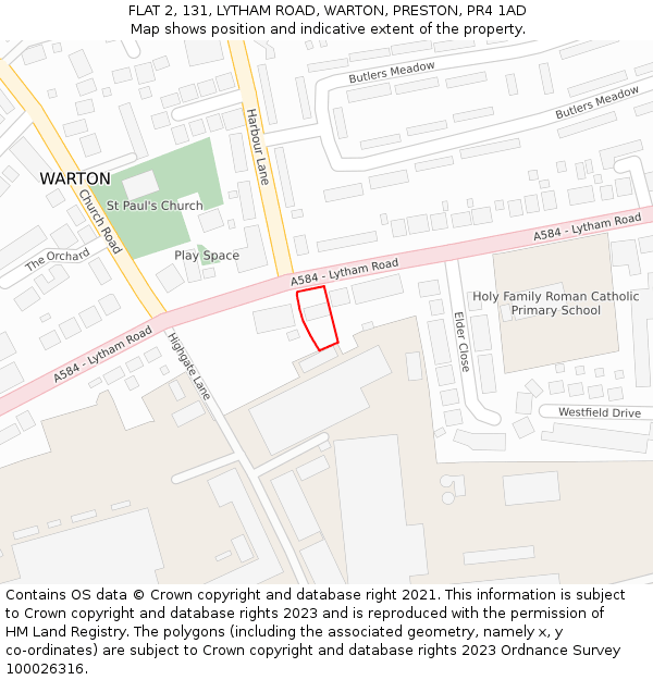 FLAT 2, 131, LYTHAM ROAD, WARTON, PRESTON, PR4 1AD: Location map and indicative extent of plot