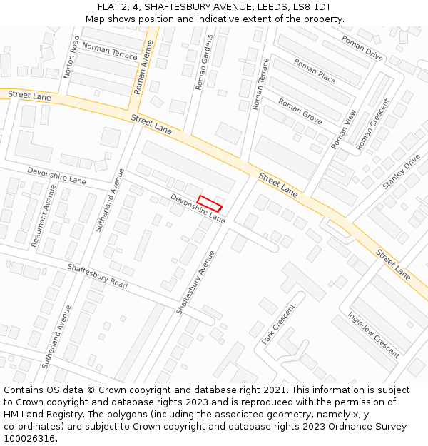 FLAT 2, 4, SHAFTESBURY AVENUE, LEEDS, LS8 1DT: Location map and indicative extent of plot