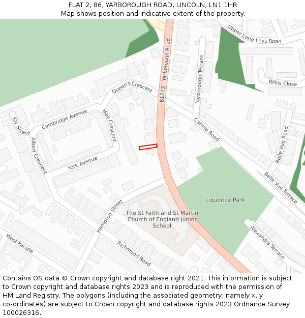 FLAT 2, 86, YARBOROUGH ROAD, LINCOLN, LN1 1HR: Location map and indicative extent of plot