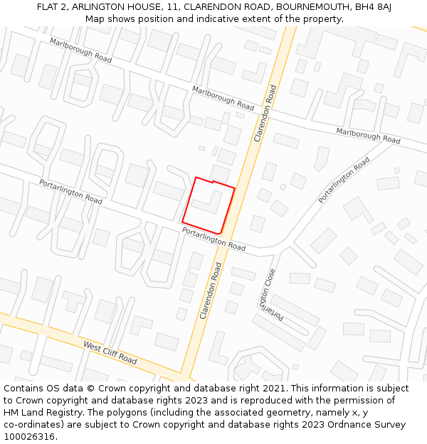FLAT 2, ARLINGTON HOUSE, 11, CLARENDON ROAD, BOURNEMOUTH, BH4 8AJ: Location map and indicative extent of plot