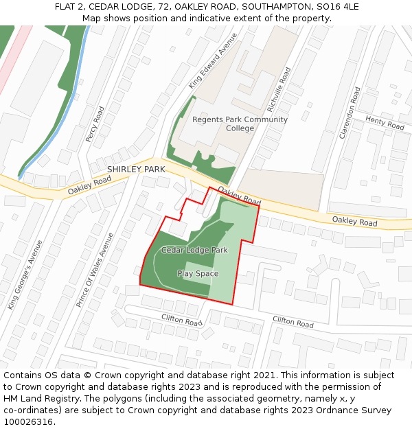 FLAT 2, CEDAR LODGE, 72, OAKLEY ROAD, SOUTHAMPTON, SO16 4LE: Location map and indicative extent of plot