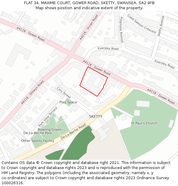 FLAT 34, MAXIME COURT, GOWER ROAD, SKETTY, SWANSEA, SA2 9FB: Location map and indicative extent of plot