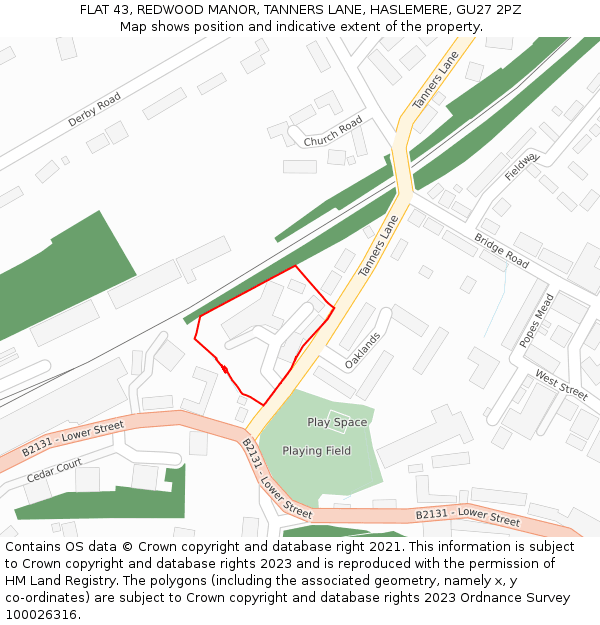 FLAT 43, REDWOOD MANOR, TANNERS LANE, HASLEMERE, GU27 2PZ: Location map and indicative extent of plot