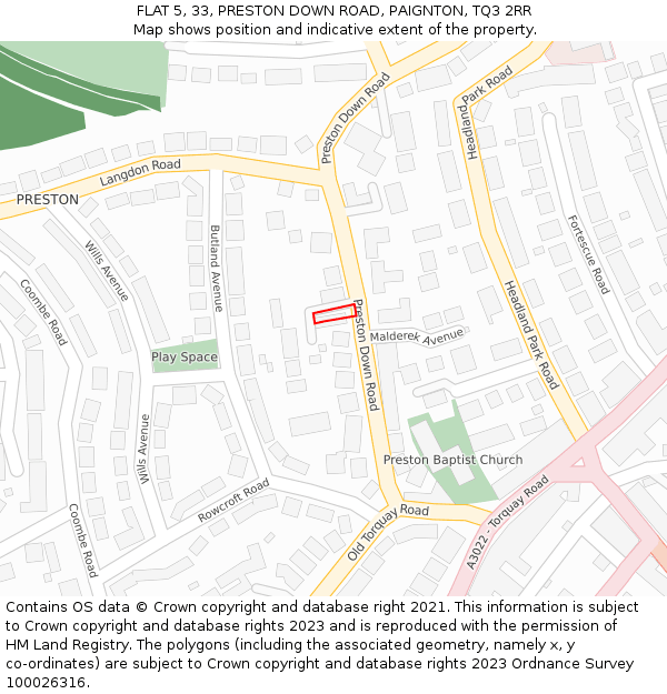 FLAT 5, 33, PRESTON DOWN ROAD, PAIGNTON, TQ3 2RR: Location map and indicative extent of plot