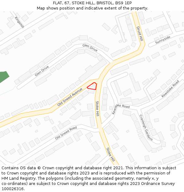 FLAT, 67, STOKE HILL, BRISTOL, BS9 1EP: Location map and indicative extent of plot