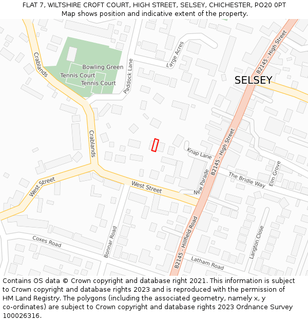 FLAT 7, WILTSHIRE CROFT COURT, HIGH STREET, SELSEY, CHICHESTER, PO20 0PT: Location map and indicative extent of plot