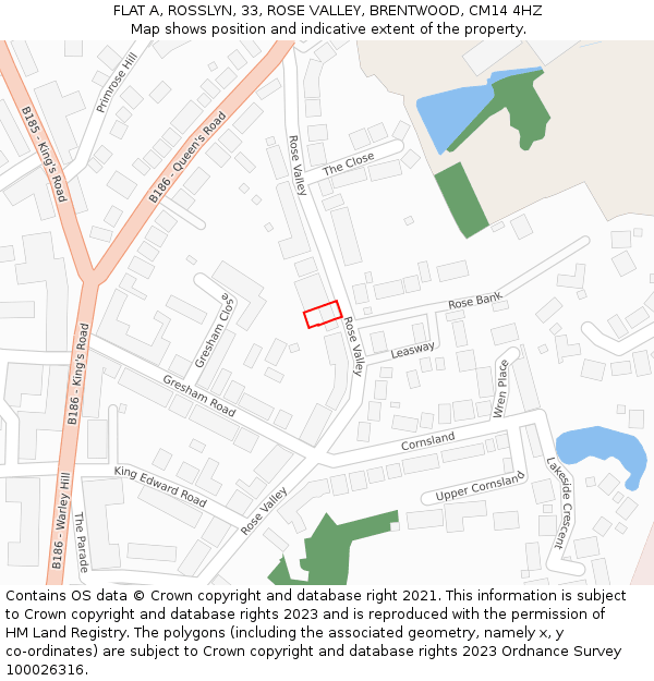 FLAT A, ROSSLYN, 33, ROSE VALLEY, BRENTWOOD, CM14 4HZ: Location map and indicative extent of plot