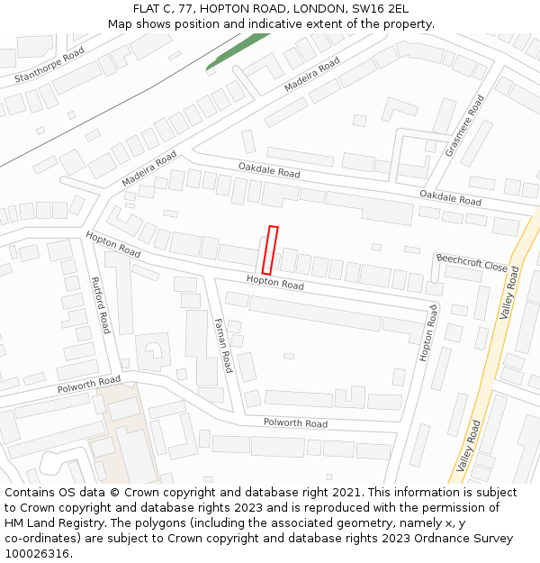 FLAT C, 77, HOPTON ROAD, LONDON, SW16 2EL: Location map and indicative extent of plot