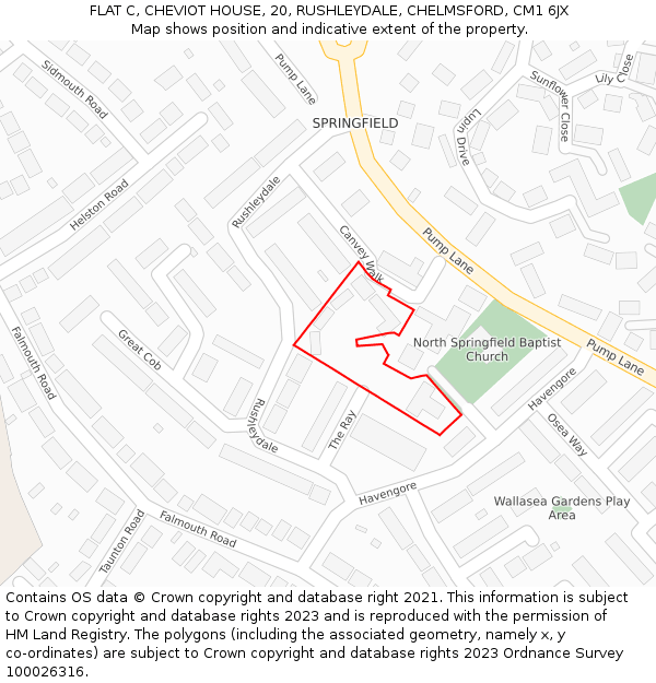 FLAT C, CHEVIOT HOUSE, 20, RUSHLEYDALE, CHELMSFORD, CM1 6JX: Location map and indicative extent of plot