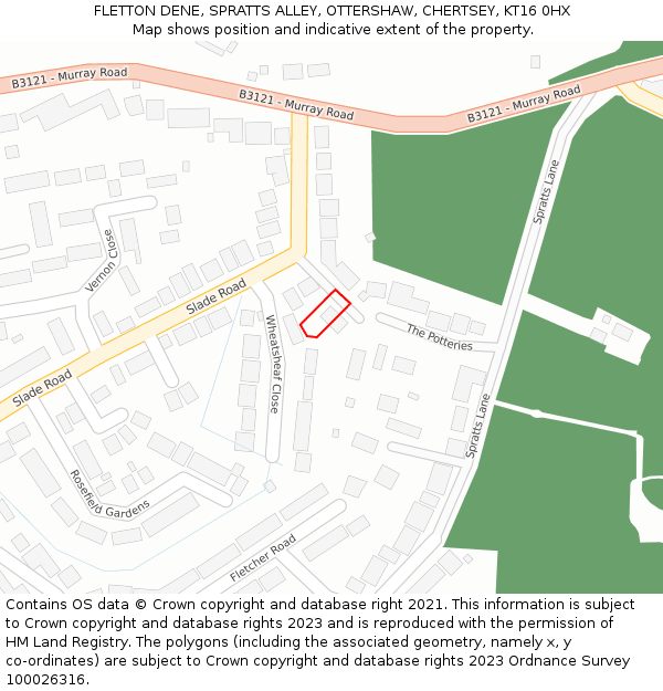 FLETTON DENE, SPRATTS ALLEY, OTTERSHAW, CHERTSEY, KT16 0HX: Location map and indicative extent of plot
