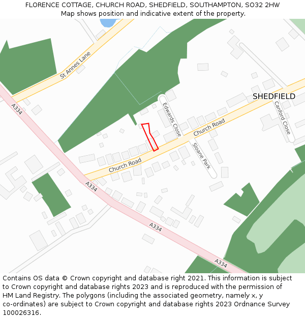 FLORENCE COTTAGE, CHURCH ROAD, SHEDFIELD, SOUTHAMPTON, SO32 2HW: Location map and indicative extent of plot