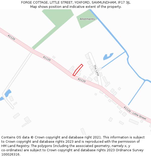 FORGE COTTAGE, LITTLE STREET, YOXFORD, SAXMUNDHAM, IP17 3JL: Location map and indicative extent of plot