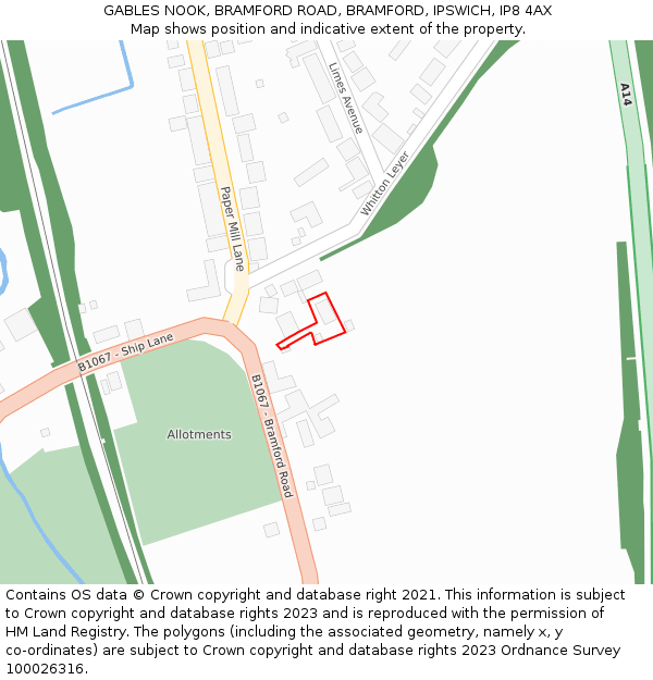 GABLES NOOK, BRAMFORD ROAD, BRAMFORD, IPSWICH, IP8 4AX: Location map and indicative extent of plot