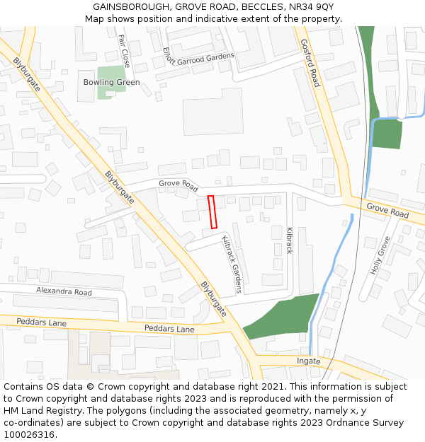 GAINSBOROUGH, GROVE ROAD, BECCLES, NR34 9QY: Location map and indicative extent of plot