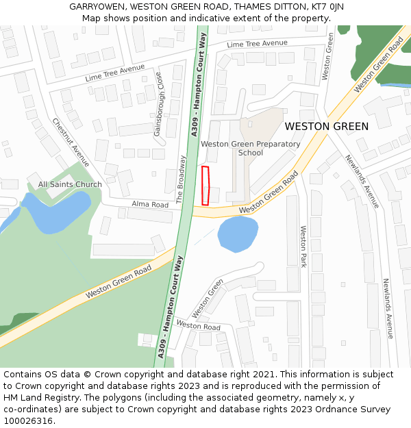 GARRYOWEN, WESTON GREEN ROAD, THAMES DITTON, KT7 0JN: Location map and indicative extent of plot