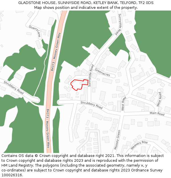GLADSTONE HOUSE, SUNNYSIDE ROAD, KETLEY BANK, TELFORD, TF2 0DS: Location map and indicative extent of plot