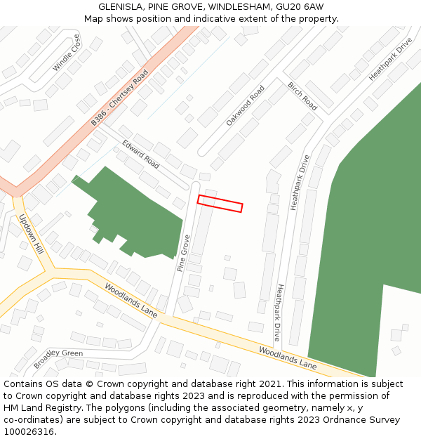 GLENISLA, PINE GROVE, WINDLESHAM, GU20 6AW: Location map and indicative extent of plot
