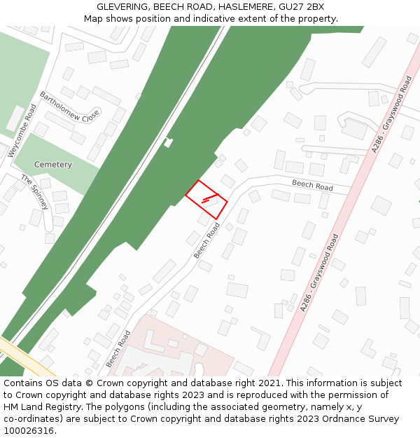 GLEVERING, BEECH ROAD, HASLEMERE, GU27 2BX: Location map and indicative extent of plot