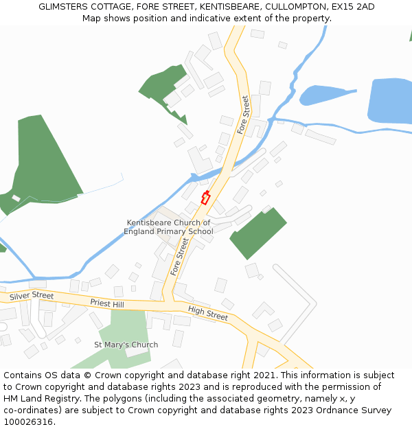 GLIMSTERS COTTAGE, FORE STREET, KENTISBEARE, CULLOMPTON, EX15 2AD: Location map and indicative extent of plot