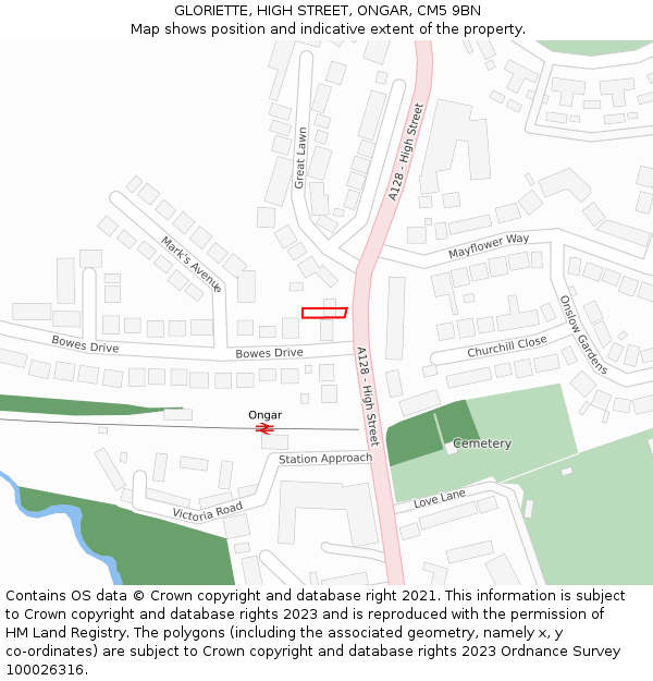 GLORIETTE, HIGH STREET, ONGAR, CM5 9BN: Location map and indicative extent of plot