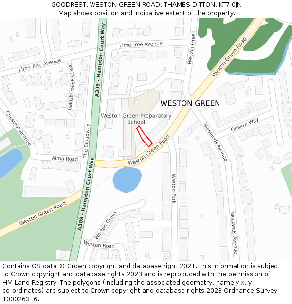 GOODREST, WESTON GREEN ROAD, THAMES DITTON, KT7 0JN: Location map and indicative extent of plot