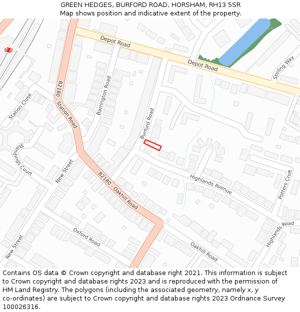 GREEN HEDGES, BURFORD ROAD, HORSHAM, RH13 5SR: Location map and indicative extent of plot