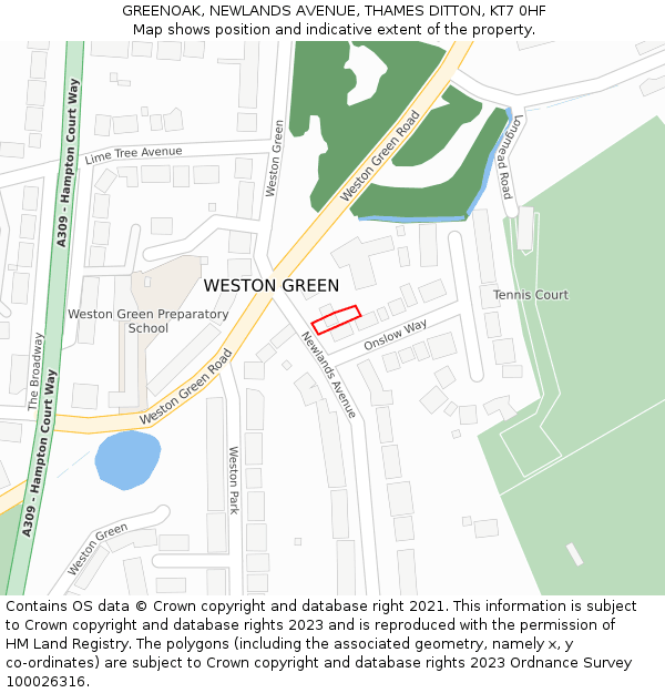 GREENOAK, NEWLANDS AVENUE, THAMES DITTON, KT7 0HF: Location map and indicative extent of plot