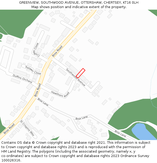 GREENVIEW, SOUTHWOOD AVENUE, OTTERSHAW, CHERTSEY, KT16 0LH: Location map and indicative extent of plot