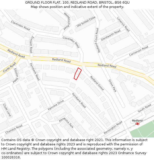 GROUND FLOOR FLAT, 100, REDLAND ROAD, BRISTOL, BS6 6QU: Location map and indicative extent of plot