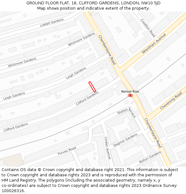 GROUND FLOOR FLAT, 18, CLIFFORD GARDENS, LONDON, NW10 5JD: Location map and indicative extent of plot