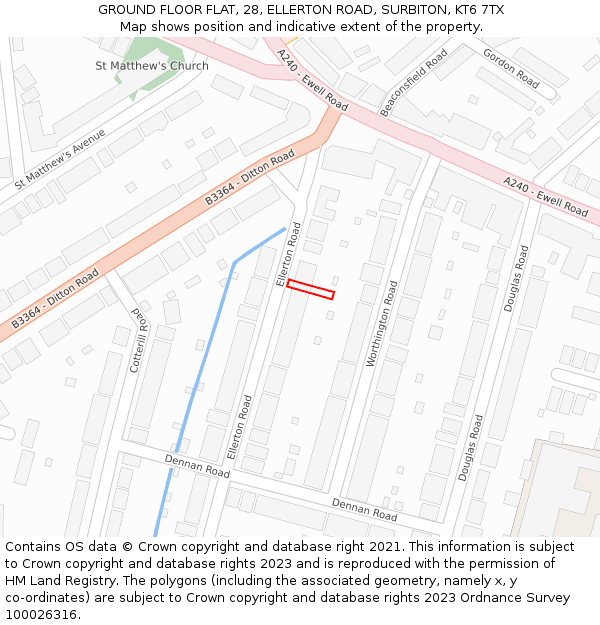 GROUND FLOOR FLAT, 28, ELLERTON ROAD, SURBITON, KT6 7TX: Location map and indicative extent of plot