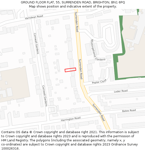 GROUND FLOOR FLAT, 55, SURRENDEN ROAD, BRIGHTON, BN1 6PQ: Location map and indicative extent of plot