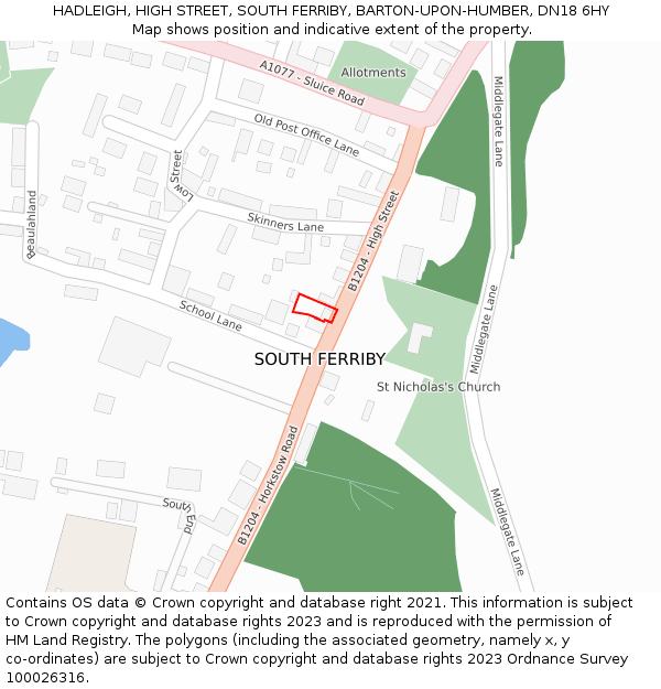 HADLEIGH, HIGH STREET, SOUTH FERRIBY, BARTON-UPON-HUMBER, DN18 6HY: Location map and indicative extent of plot
